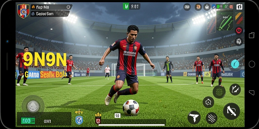 Tampilan gameplay seru di 9N9N dengan aksi sepak bola yang mendebarkan.