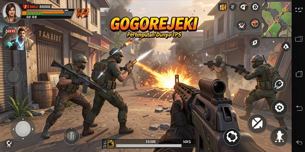Tangkapan layar GOGOREJEKI menampilkan aksi pertempuran sengit dalam mode TPS.