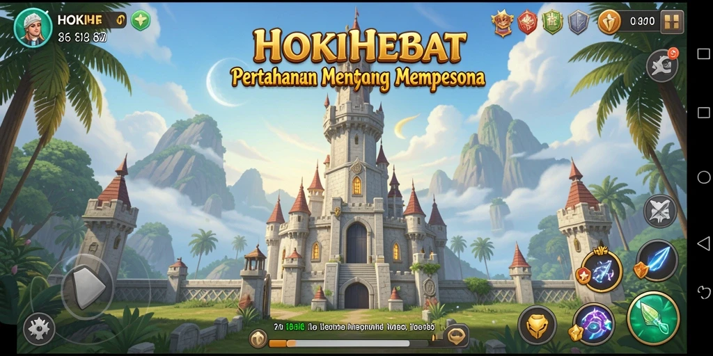 Tampilan gameplay HOKIHEBAT dengan menara yang berfungsi melawan serangan musuh.