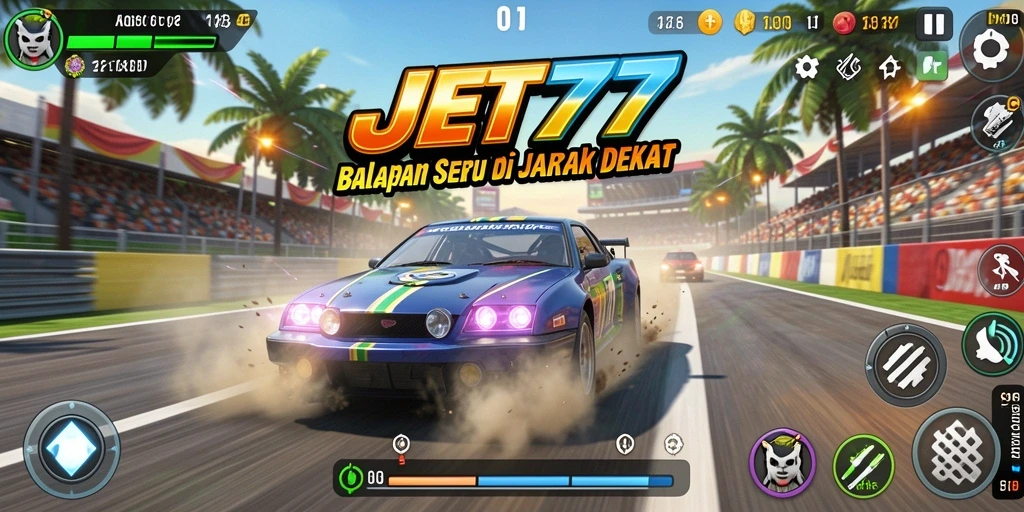 Gameplay JET77 menampilkan balapan seru dengan kendaraan cepat di trek menantang.