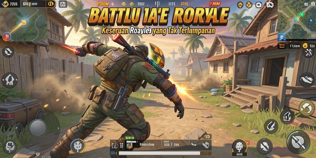 Screenshot utama P200M menampilkan pertempuran intens di arena Battle Royale.