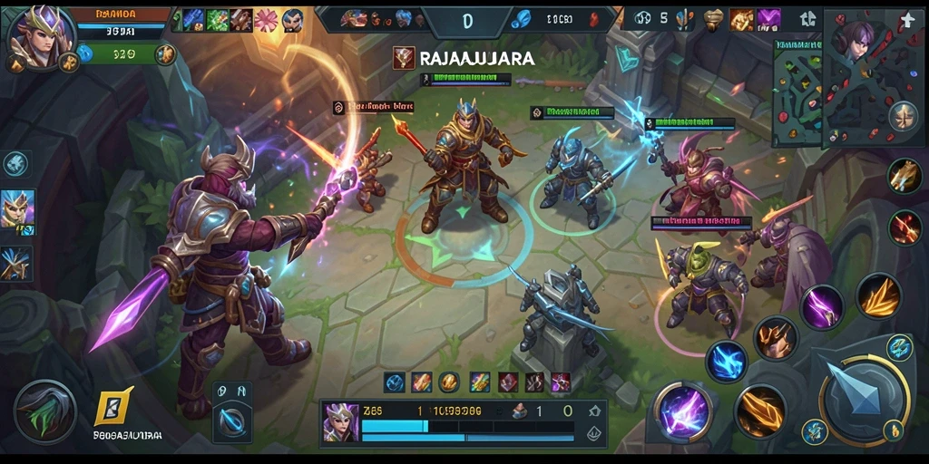 Screenshot permainan RAJAJUARA yang menunjukkan pertempuran MOBA yang intens.