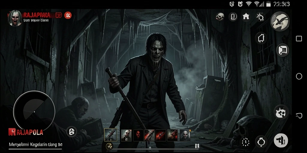 Screenshot gameplay RAJAPOLA yang menggambarkan momen menegangkan di kegelapan.