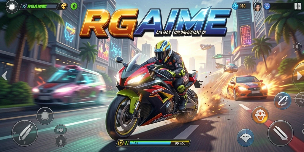 Tampilan gameplay RPGAME dengan aksi balapan motor yang seru.