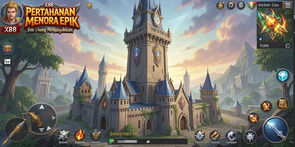 Screenshot dari gameplay seru X88 dengan menara yang menarik.